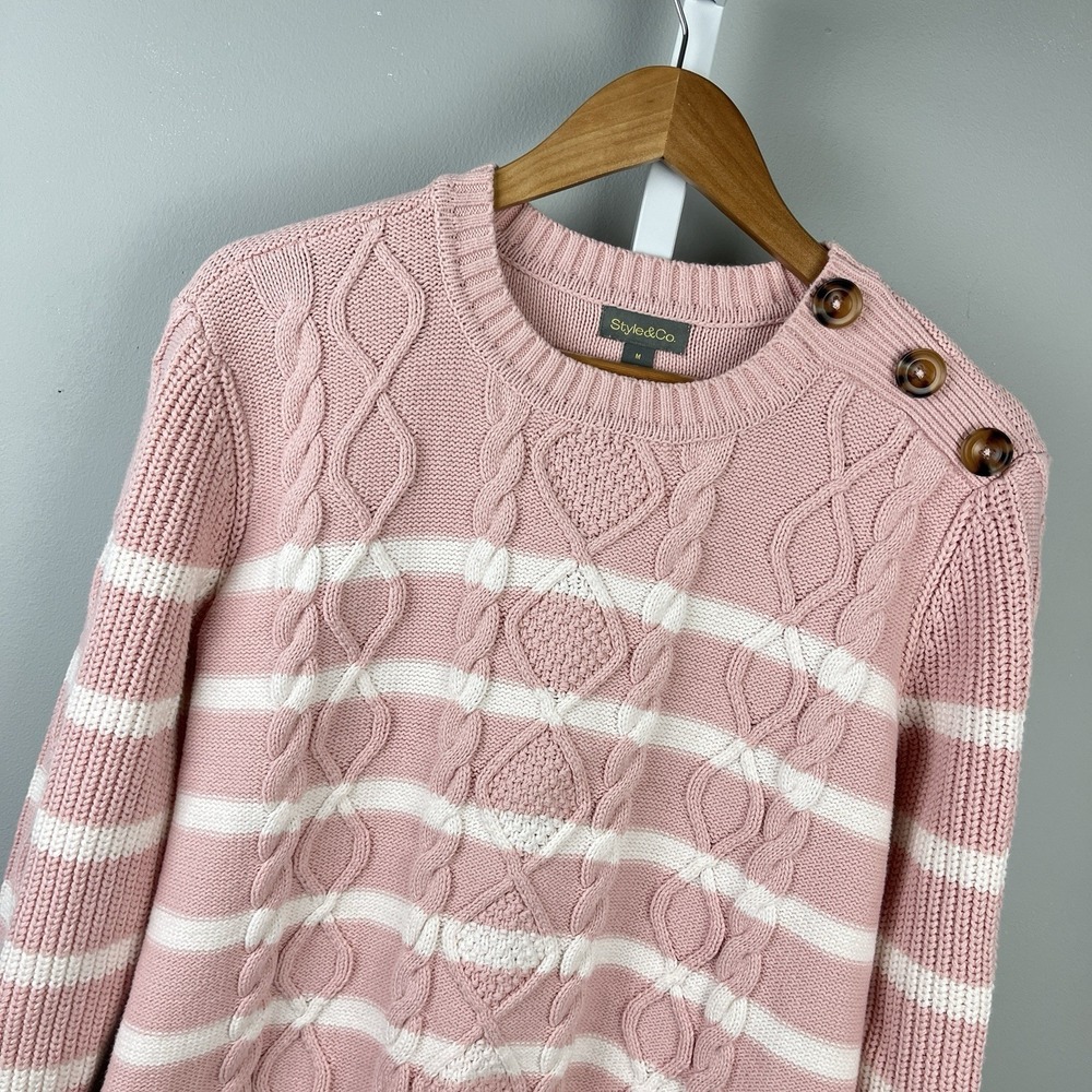 Style & Co Chunky Cable‎ Knit Sweater Womens M Mauve Pink Stripe Cotton Blend